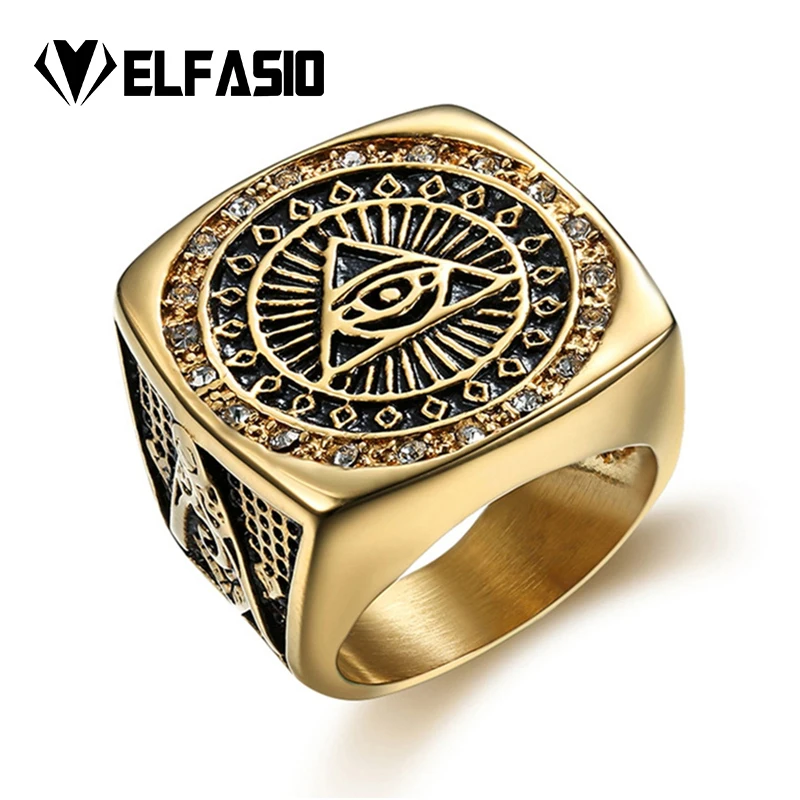 

Mens Stainless Steel Gold Ring Illuminati The All-seeing-eye illunati pyramid/eye symbol Hip hop Jewelry Size 8-13