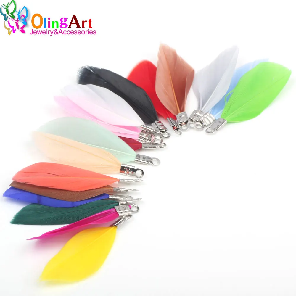 OlingArt Natural Feathers 10pcs Colorful Feathers 35MM Women Choker Necklace Jewelry Making Straps KeyChain Pendants Charms