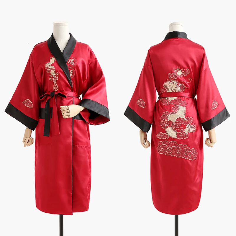 Novidade reversível preto vermelho feminino kimono yukata cetim bordado dragão camisola um tamanho robe vestido dois lado pijamas