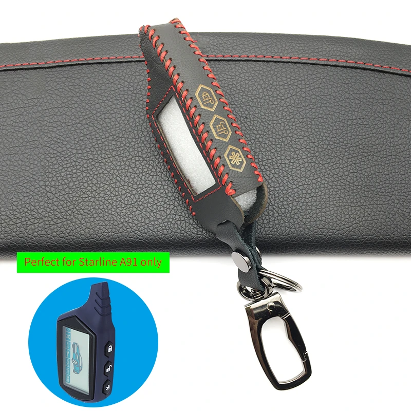 A91 Two-way LCD Starline Remote Control Fashion Men Leather Fob Key Chain Case Cover for Starline A91 Russian Car Alarm System