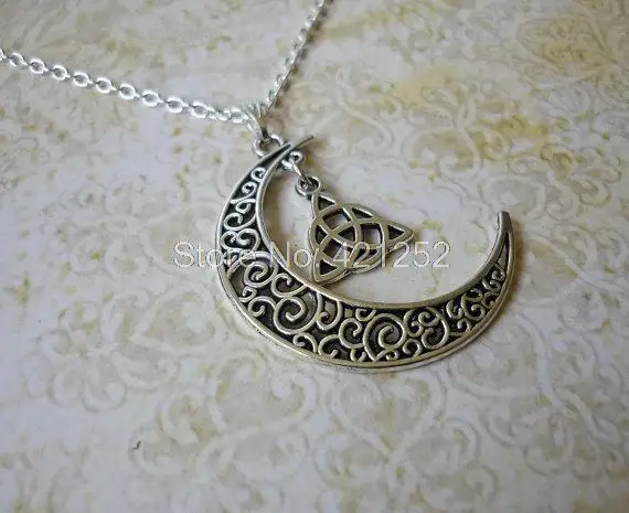 12pcs/Lot Silver Moon and Triquetra Necklace Jewelry Crescent Wicca