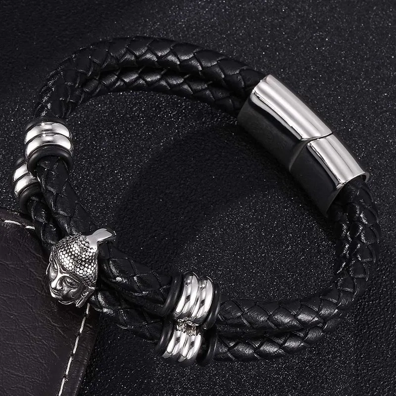 Buddha Head Jewelry Black Double Men Leather Bracelets Stainless Steel Clasps Bracelet Men's Bracelet religion Jewelry BB0329