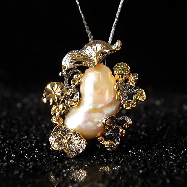 

Retro Thai Silver Jewelry Customized Creative Jewelry Lotus Pendant Natural Shaped Big Pearl Pendant And Brooch Dual-use Women