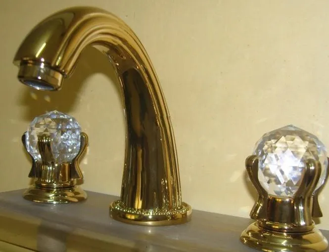 Free ship Gold PVD 8 inch widespread 3 Holes bathroom Lavatory Sink faucet Crystal handles tap