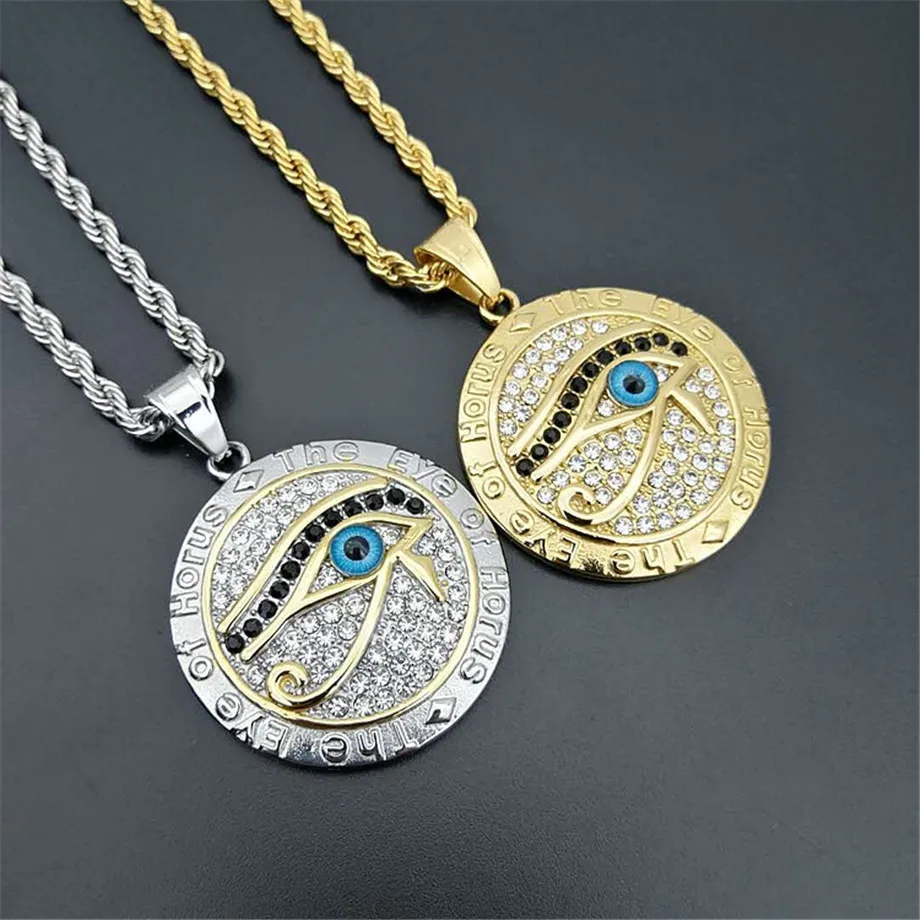 Egyptian Eye of Horus Necklace Pendant & Chain For Men Women Gold Color Stainless Steel Round Hiphop Ancient Egypt Jewelry N1238