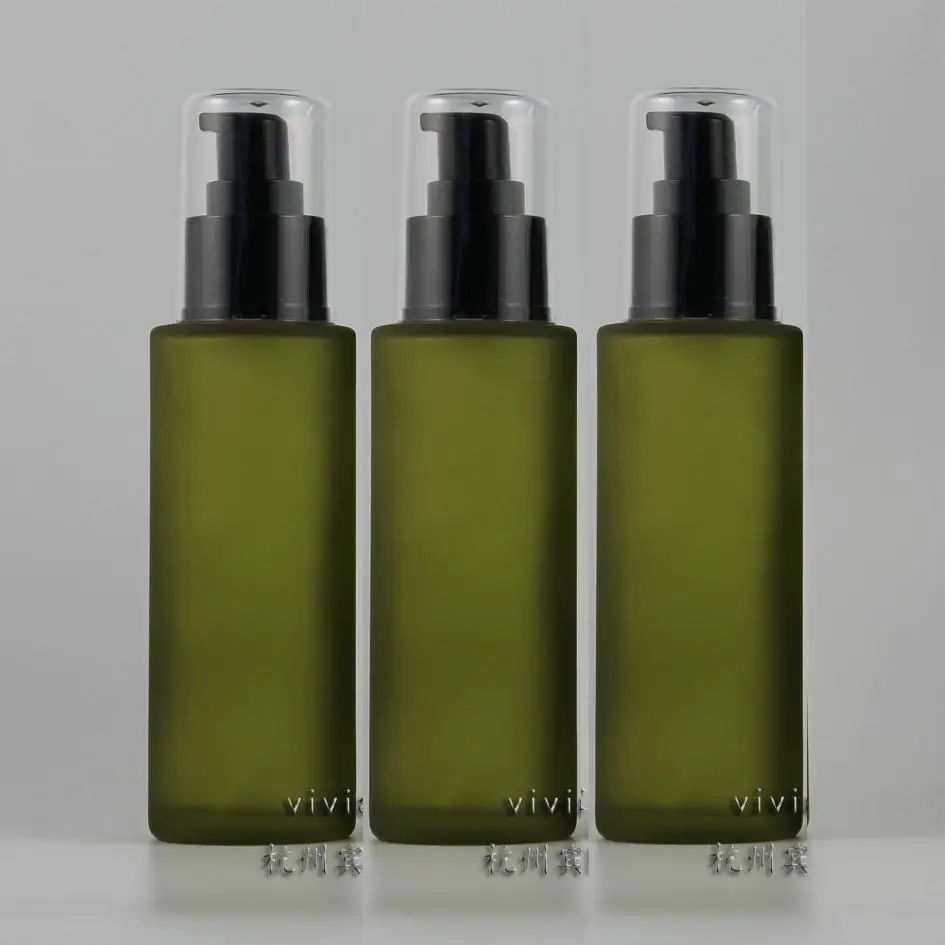 

100ml olive green frosted round Glass lotion bottle with black plastic pump,cosmetic packing,cosmetic bottle,packing for liquid