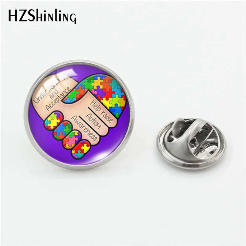 2019 New Autism Awareness Pin Stainless Steel Glass Cabochon Jewelry Unique Lapel Pin Handmade Round Pins