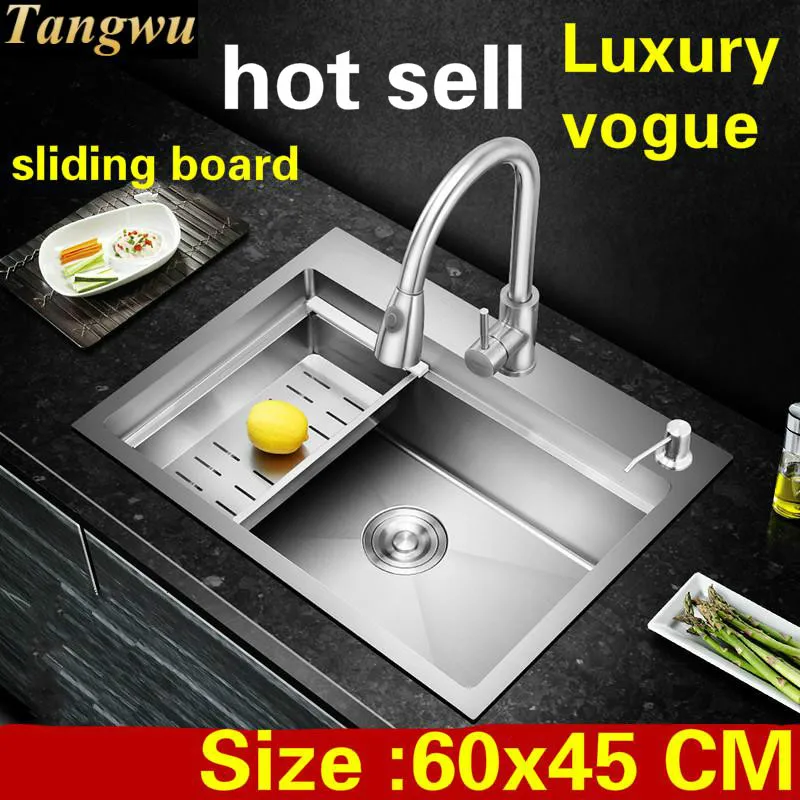 

Free shipping Apartment luxury kitchen manual sink single trough sliding board vogue 304 stainless steel hot sell 60x45 CM