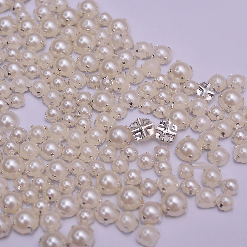 Multi Sizes Ivory Pearl with Silver/Gold Claw Pearl Sewing Round Flatback beads For Wedding Dress Accessory DIY Crafts