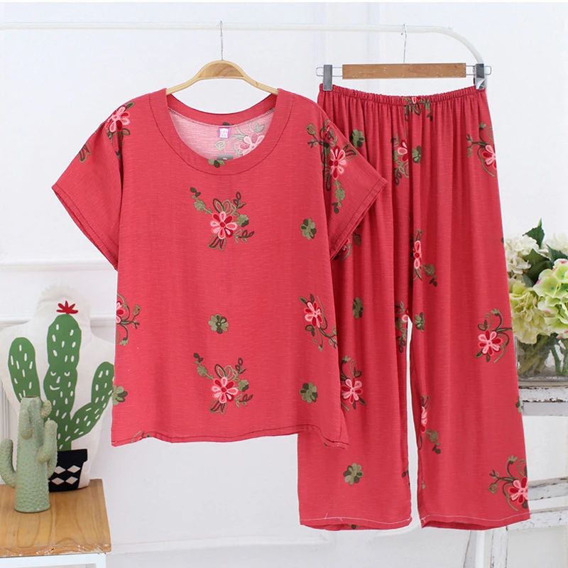 New Female Pajamas Set Sleepwear Women Cotton Linen Print Flower Pyjamas Summer Casual Loose Nightwear Home Wear