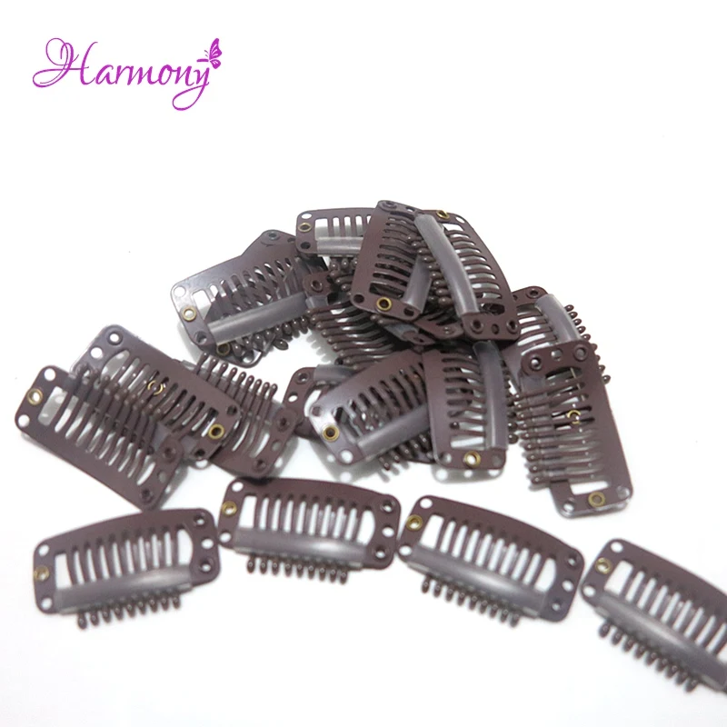 Clips d'extension de cheveux humains à 9 dents 32mm, 100 pièces/lot, clips en métal avec dos en silicone pour extensions de cheveux humains, peigne de perruque