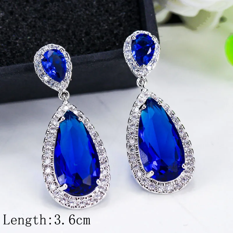 ThreeGraces Noble Big Cubic Zirconia Dark Blue Crystal Earring for Women Statement Round Flower Dangle Teardrop Earrings ER011