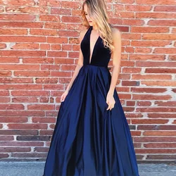 Navy Blue Prom dresses Deep V-neck Halter Open Back Long Dress For Prom Vestido Longo Festa Gala A-line Women Prom Party Dresses