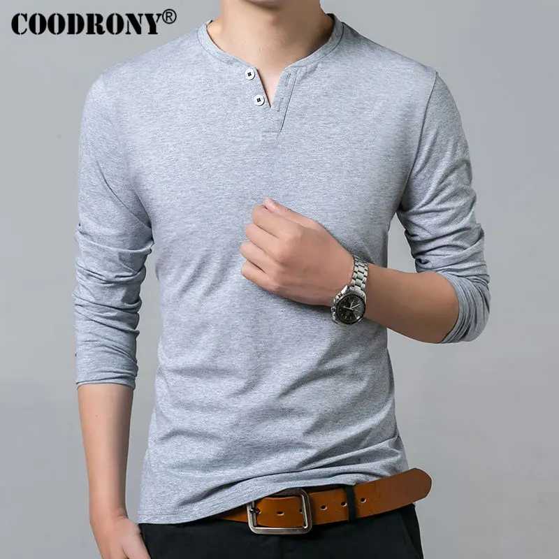 COODRONY T-Shirt Men 2019 Spring Autumn New Long Sleeve Henry Collar T Shirt Men Brand Soft Pure Cotton Slim Fit Tee Shirts 7625