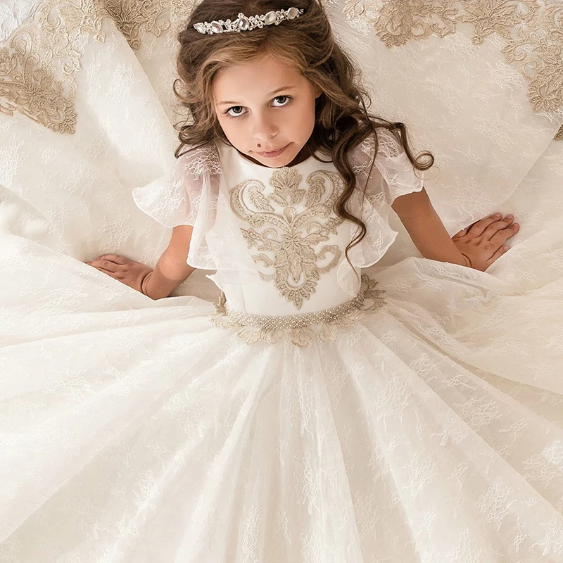 Robe de première Communion pour filles, manches en corne, couleur Champagne et dentelle blanche, motif floral, pour fête de pâques, mariage