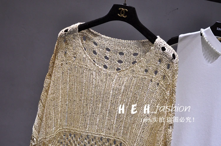 Cakucool Gold Lurex Summer Blouse Shirt Long Batwing Sleeve O-neck Hollow Out Knit Top Loose Bohemian Design Large Shirts Blusa