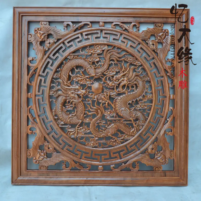 Dongyang wood carving wood carving crafts living room Shuanglongxizhu camphorwood Home Furnishing square pendant Pendant