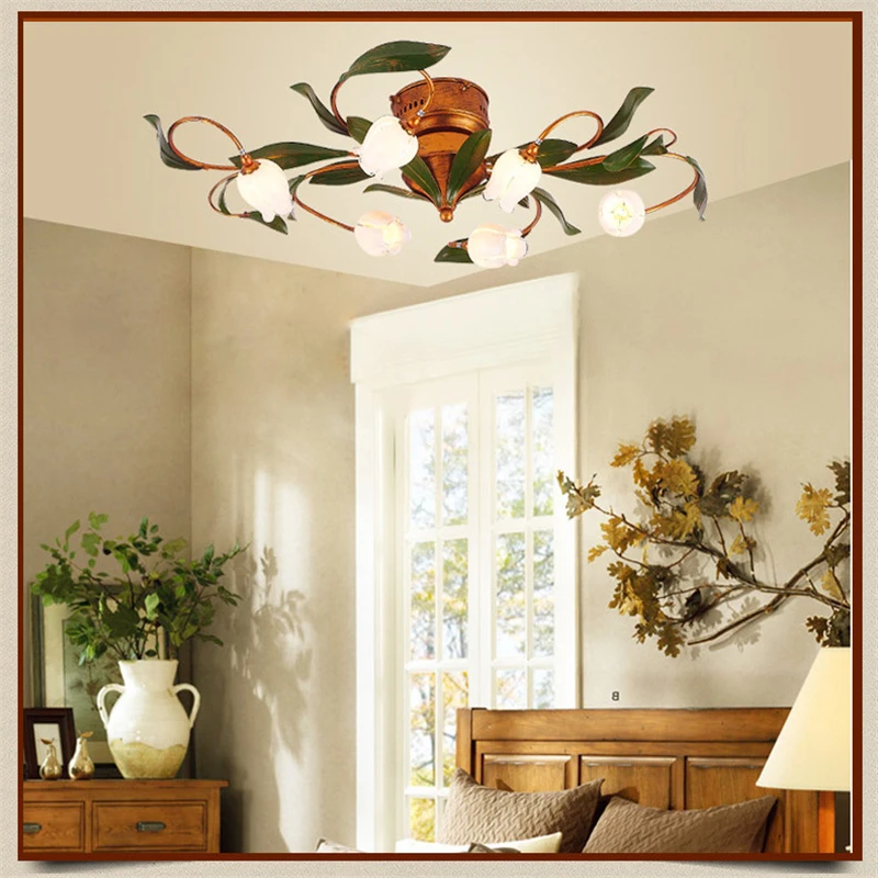 

Glass Flowers Green Leaves Wrought Iron Ceiling Lights American Garden Artistic Ceiling Lighting Living Room Art Deco Lamp