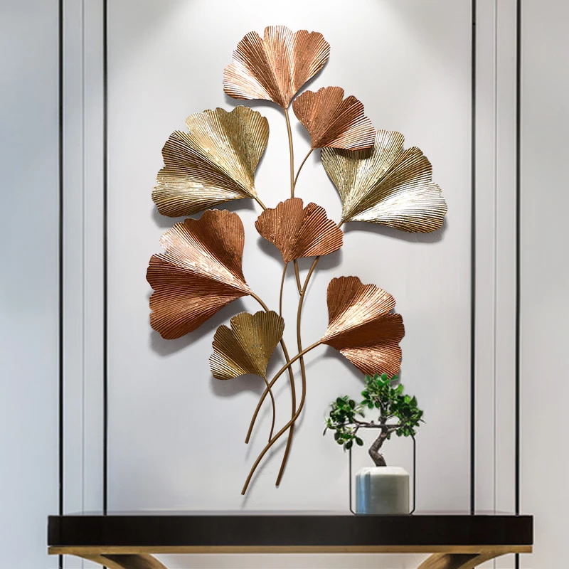 Modern Wrought Iron Ginkgo Leaf Wall Hanging Crafts Home Livingroom Wall Mural Ornaments Porch Coffee 3D Wall Sticker Decoration