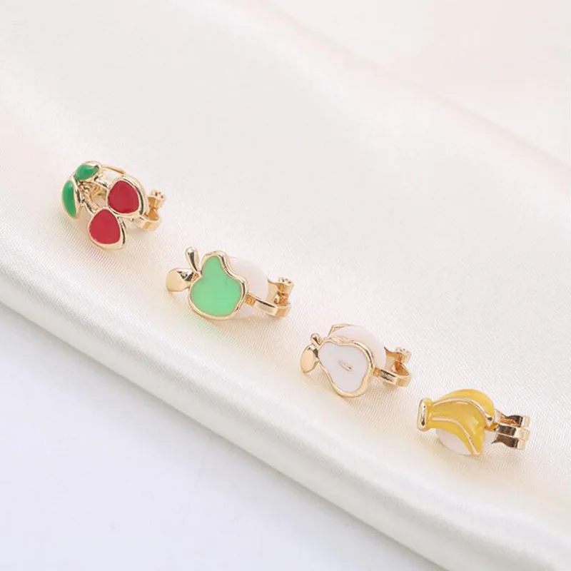 Grace Jun New Fashion  Apple Pears Banana Cherry Shape Enamel Clip on Earrings No Pierced for Girls Cute Small Ear Clip