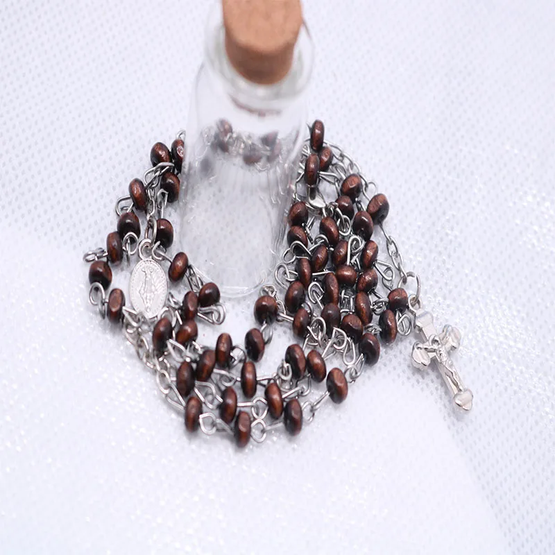 4mm Wishing Rosary Bottle Scented Wood Bead Necklace with Mini Jesus Cross Charm for Religious Catholic Jewelry Gifts