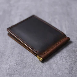 Men's Leather Wallet for Credit Cards and Money Handmade Vintage Genuine Leather Wallet Stainless Steel Spring Money Clip