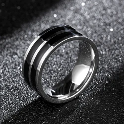 2-10mm Stainless Steel Ring for Men 2 Black Lines Center Cool Black Wide