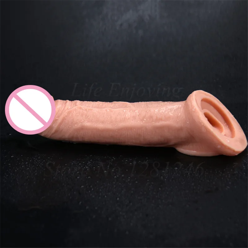 Thick Reusable Condom Dildo Cock Ring Enhancer Realistic Big Male Penis Sleeve Extender Enlargement Delay Time Sex Toys For Men