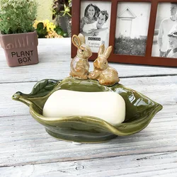 Cute Porcelain Bunny Lovers Soap Dish Decorative Ceramics Leaf Soap Holder Bathroom Ornament Houseware Gift Craft Accessories