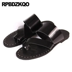 Toe Loop Slides High Quality Men Sandals Leather Summer Stud Slip On Size 45 Rivet Flat Big Large Designer Shoes Slippers Black