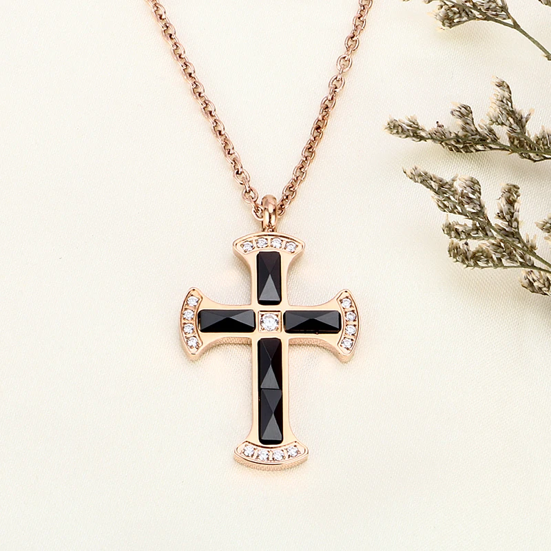 Fashion Cross Sweater Chain For Women Religious Iced Out Rhinestone Crucfix Rose Gold Pendant Necklace Jewelry Free Chain