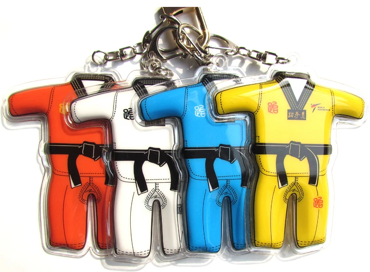 12pcs/lot) New poomsae dobok keychains taekwondo v neck 4 colors doboks key chains gifts for childrens students wholesale