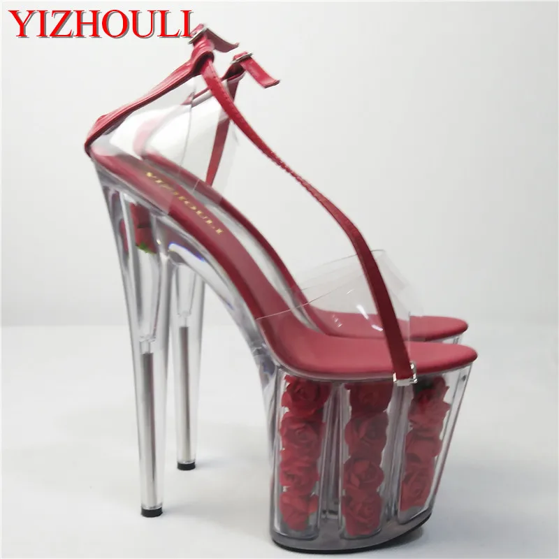 

romantic crystal red rose bride wedding shoes 20cm ultra high heels platform sandals cos 8 inch high Crystal shoes