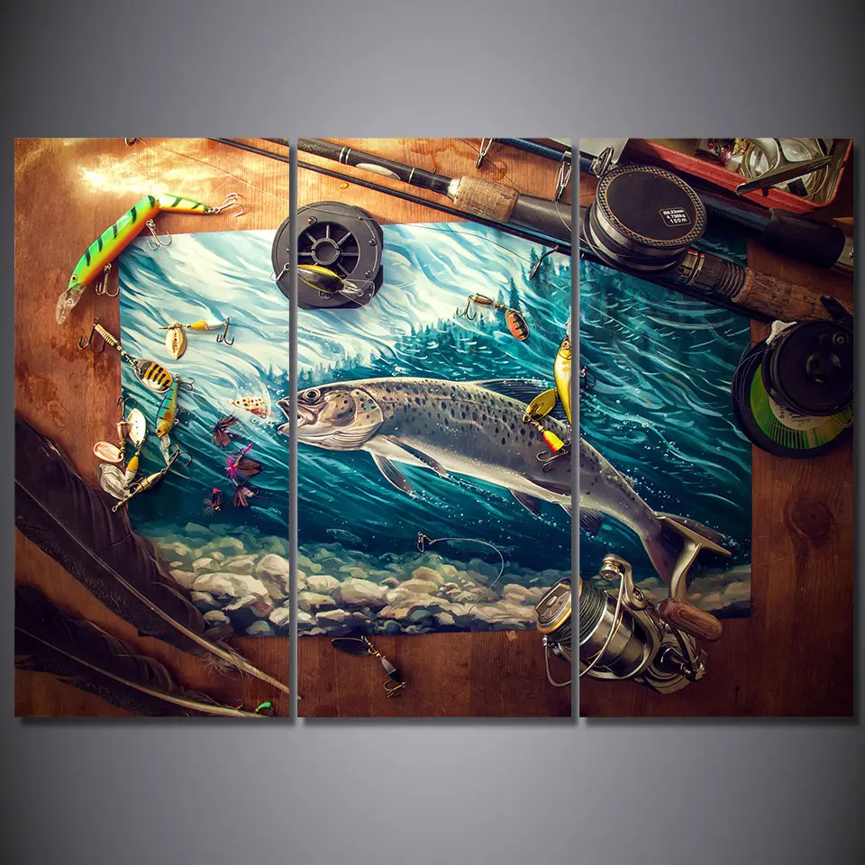 

Home Decor HD Prints Canvas Wall Art Pictures 3 Pieces Fishing Rod Tuna Blue Ocean Paintings Living Room Fish Posters Framework