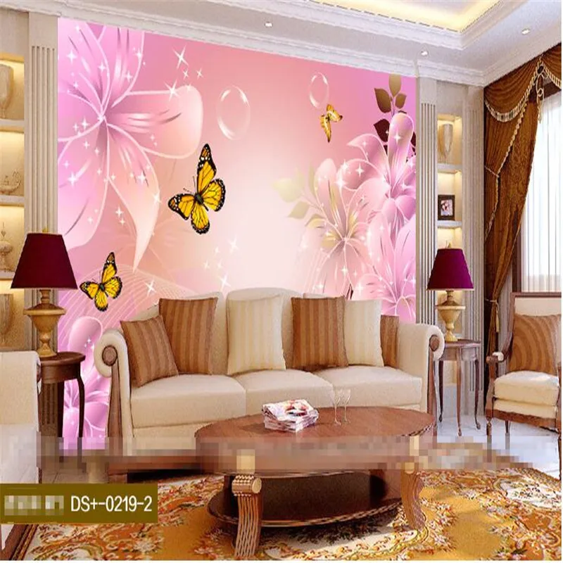 

beibehang wallpaper High quality flash silver cloth / TV background Modern minimalist purple flower fly large mural wallpaper