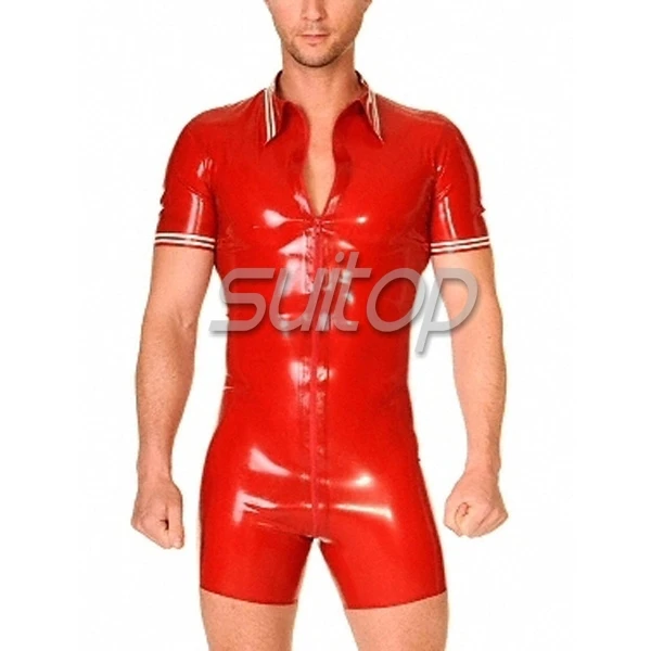 ผู้ชาย Suitop สีแดง Latex Playsuit Leotard สีแดงและสีขาวพร้อมซิปด้านหน้า