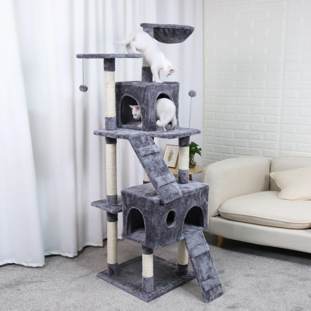 Domestic Shipping Pet Cats Tree House with Hanging Ball Cat Toy Furniture Scratch Solid Woods for Cats Climbing Frame Cat Condos