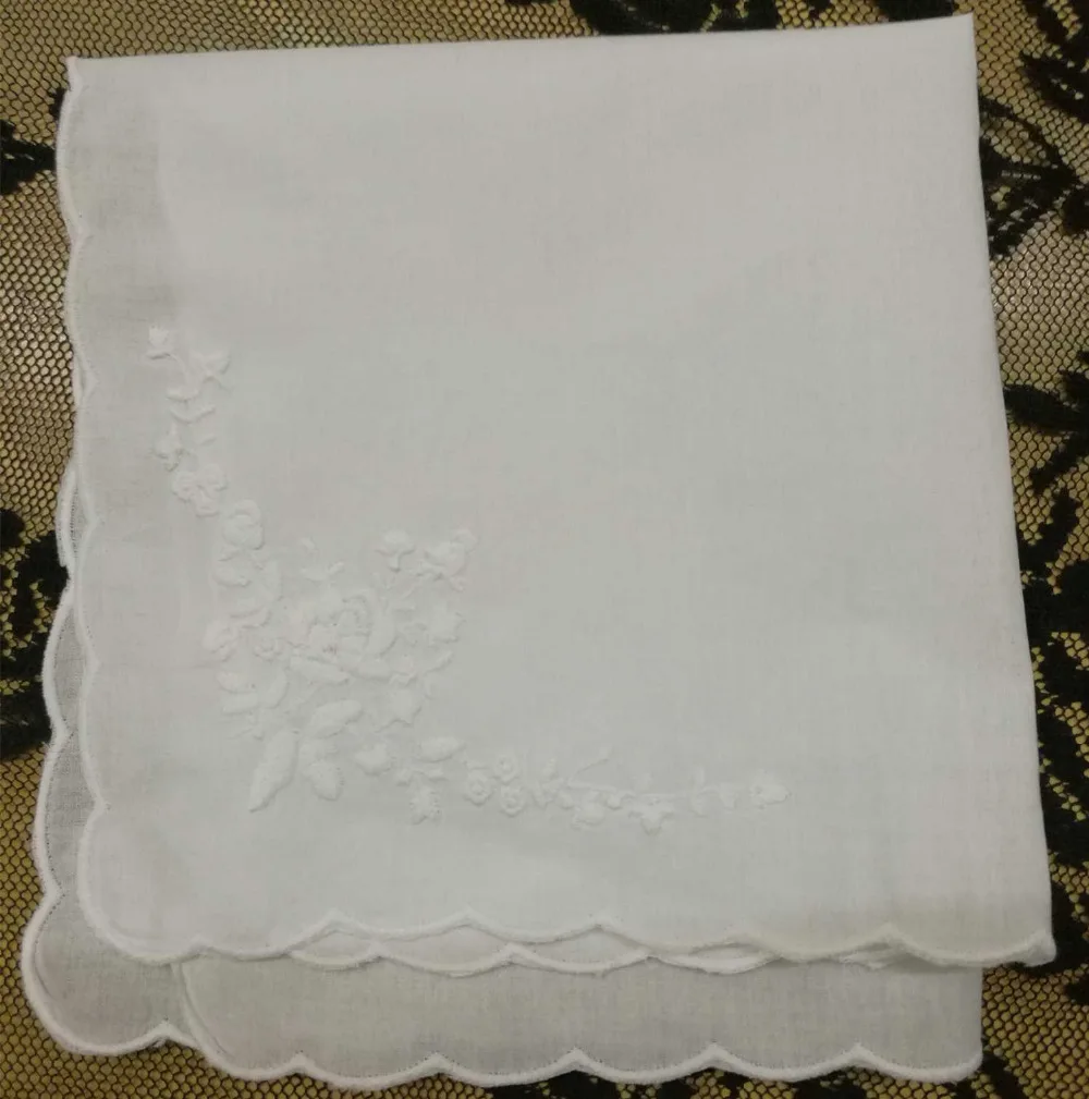 Set of 12 Fashion White Cotton Ladies Handkerchiefs 12-inch Wedding Hankie Women Hanky with scallooed Edges & embroidered Floral