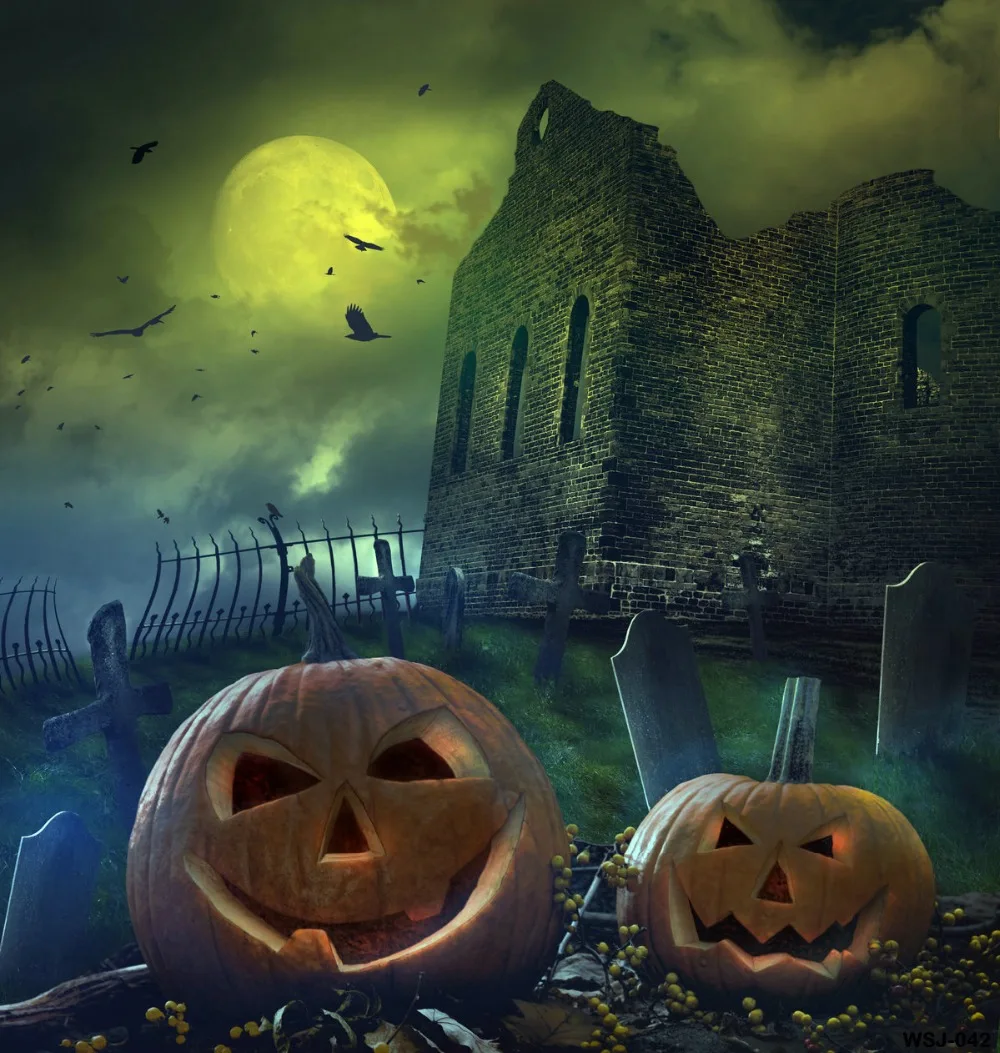 

VinylBDS Halloween Night Photography Backgrounds Green Screen Ancient Castle Grave Pumpkin Backdrops Photo Studio