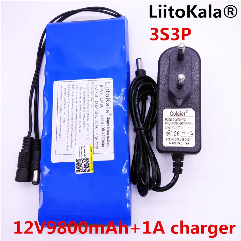 HK LiitoKala 12V 9800mAh 18650 DC 12V 12.6V Super Rechargeable Pack EU/US plug adaptor for CCTV camera video Battery Portable