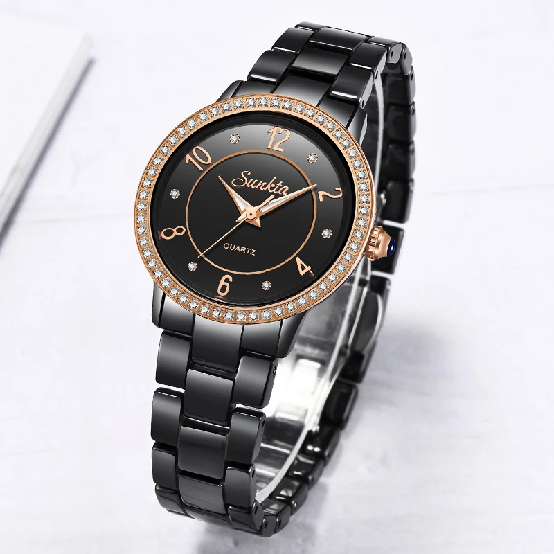 SunKta Luxury Rose Gold Black Ceramic Waterproof Watches Woman Classic Series Ladies Watch Top Quality Ladies Rhinestone Watch