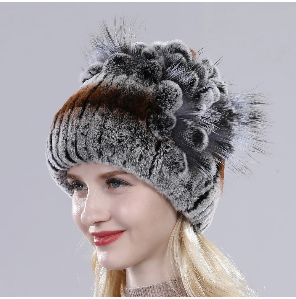 Neue Russische Damen Echt Rex-Kaninchenfell Mützen Luxuriöse Gestrickte Blumen Echte Rex-Kaninchenfell Kappe Winter Echt-Fell Beanie Mütze – Detail 14