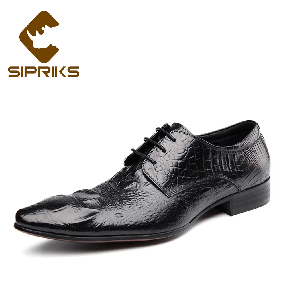 Sipriks Autumn Mens Formal Leather Shoes Printed Black Crocodile Skin Dress Shoes Groom Wedding Shoes Derby Burgundy Gents Suits