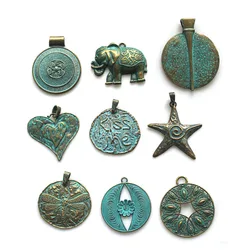 2Pcs Verdigris Patina Large Sea Star Elephant Geometry Round Charms Pendant For DIY Necklace Jewelry Making Supplies