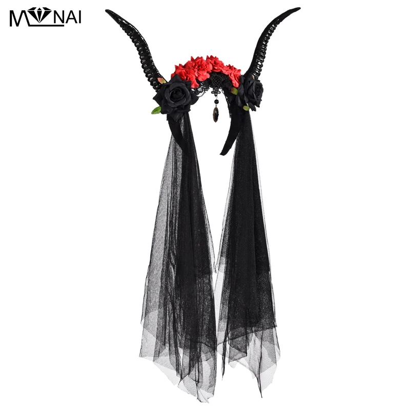 Halloween Antler Headband Party Photography headdress with roses & Veil Elegant Crystal Pendant Evil Horns Gothic Steam Punk