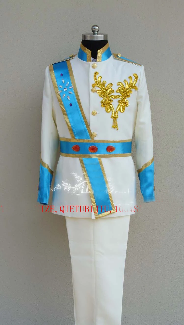 mens beading blue/red ribbons white medieval suit vintage period costume jacket with pants prince william suit general cosplay