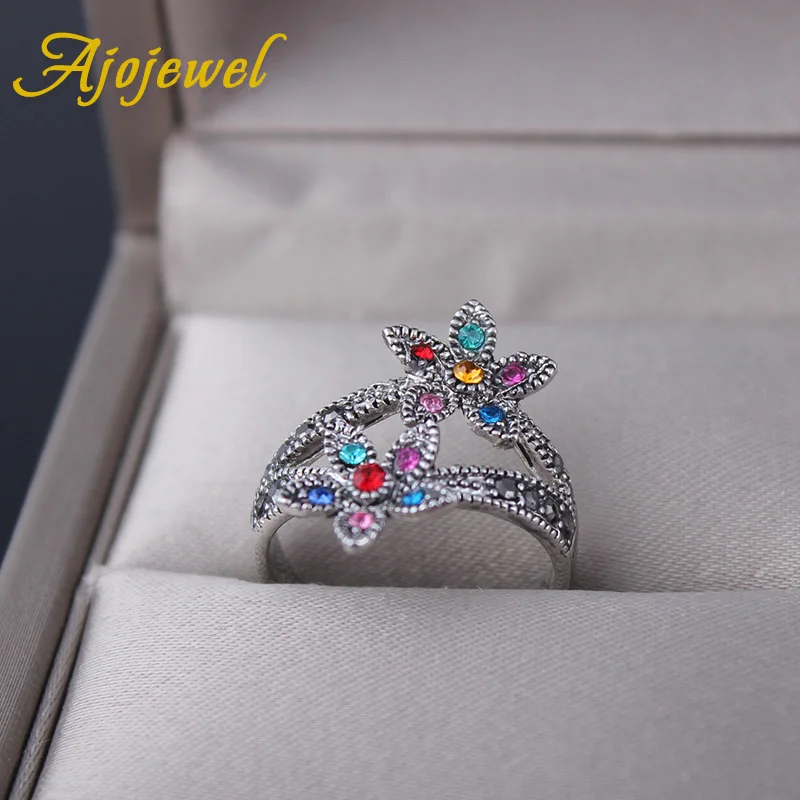 Ajojewel Vintage Double Flower Ring Rhinestone Women\'s Finger Jewelry Size 6-9 Bijoux Retro Gift Items