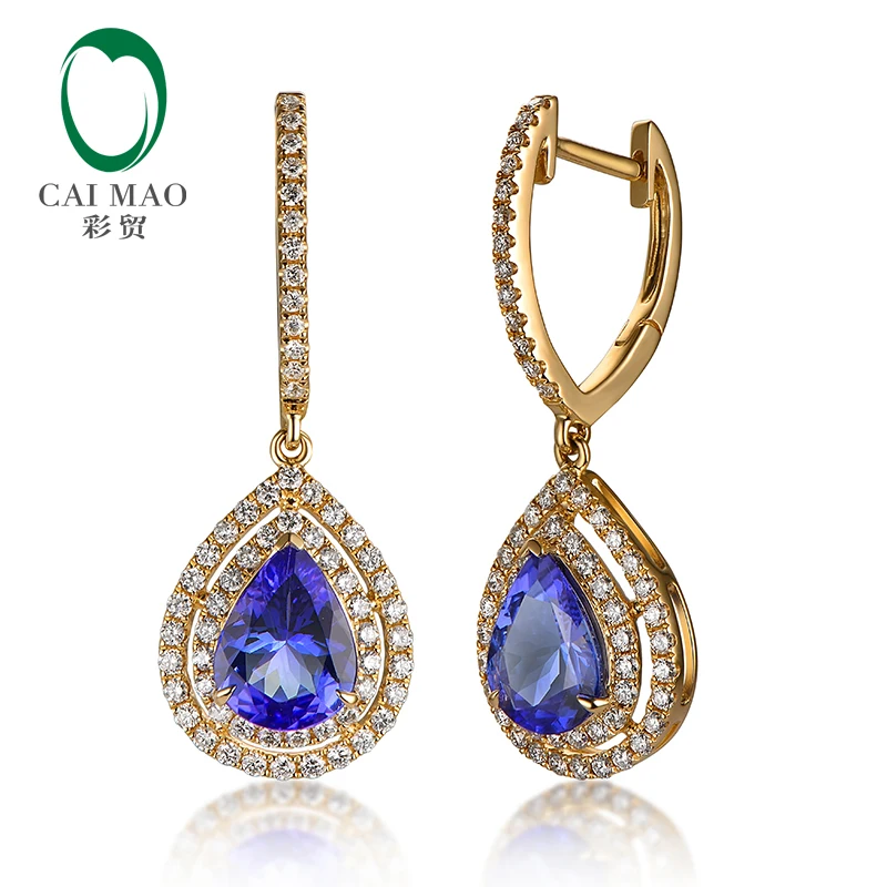 

CAIMAO 14K Yellow Gold 1.823ct Blue Tanzanite 0.60ct Natural Diamond Engagement Drop Earrings