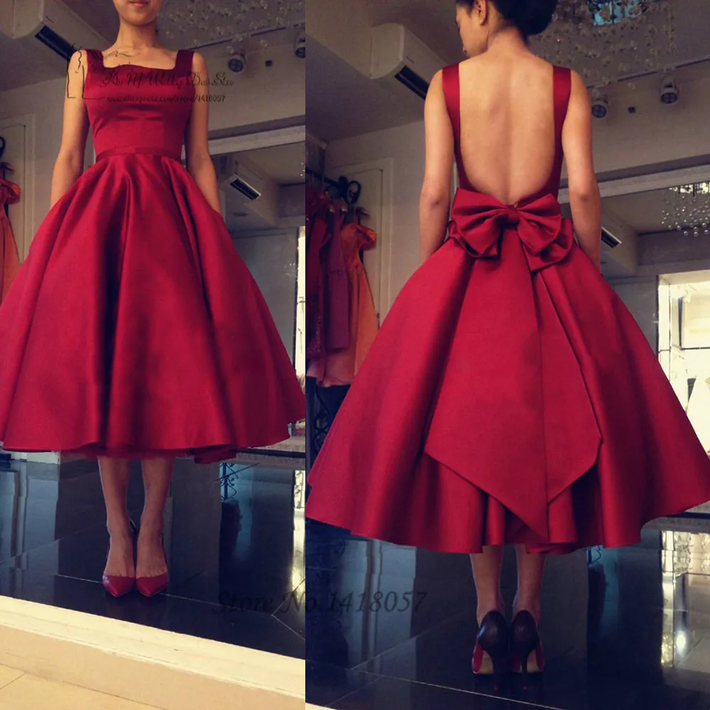 

Short African Burgundy Prom Dresses 2016 Tea Length Elegant Evening Party Dress Gowns Backless Satin Bow Vestido de Festa