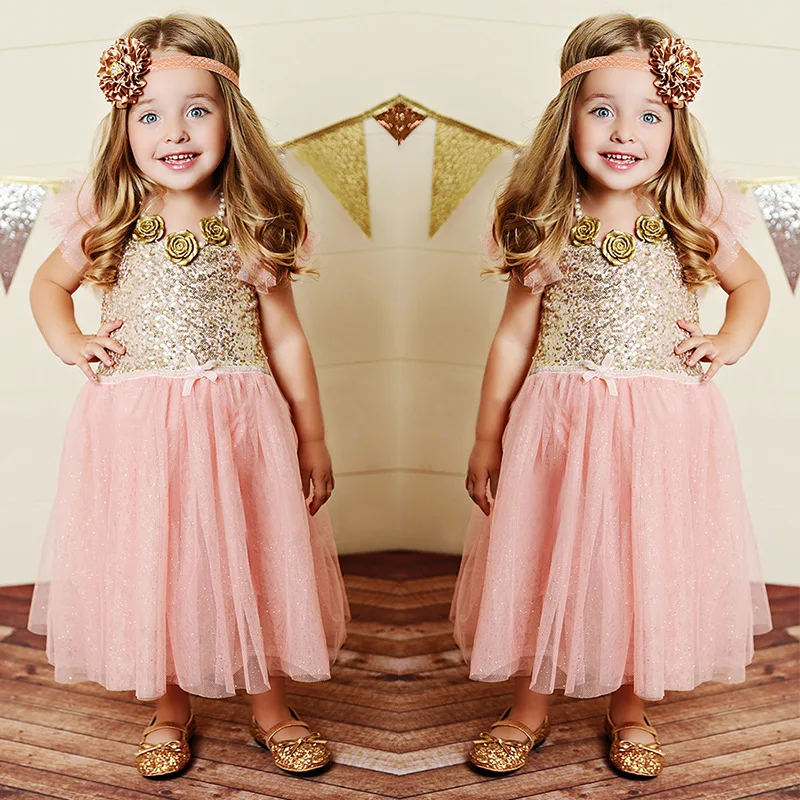 Cute Retail Baby Summer Dress Little Girl Gold Sequin Top with Pink Glitter Tulle Stitching Tutu Dress Kids Party Princess Dress